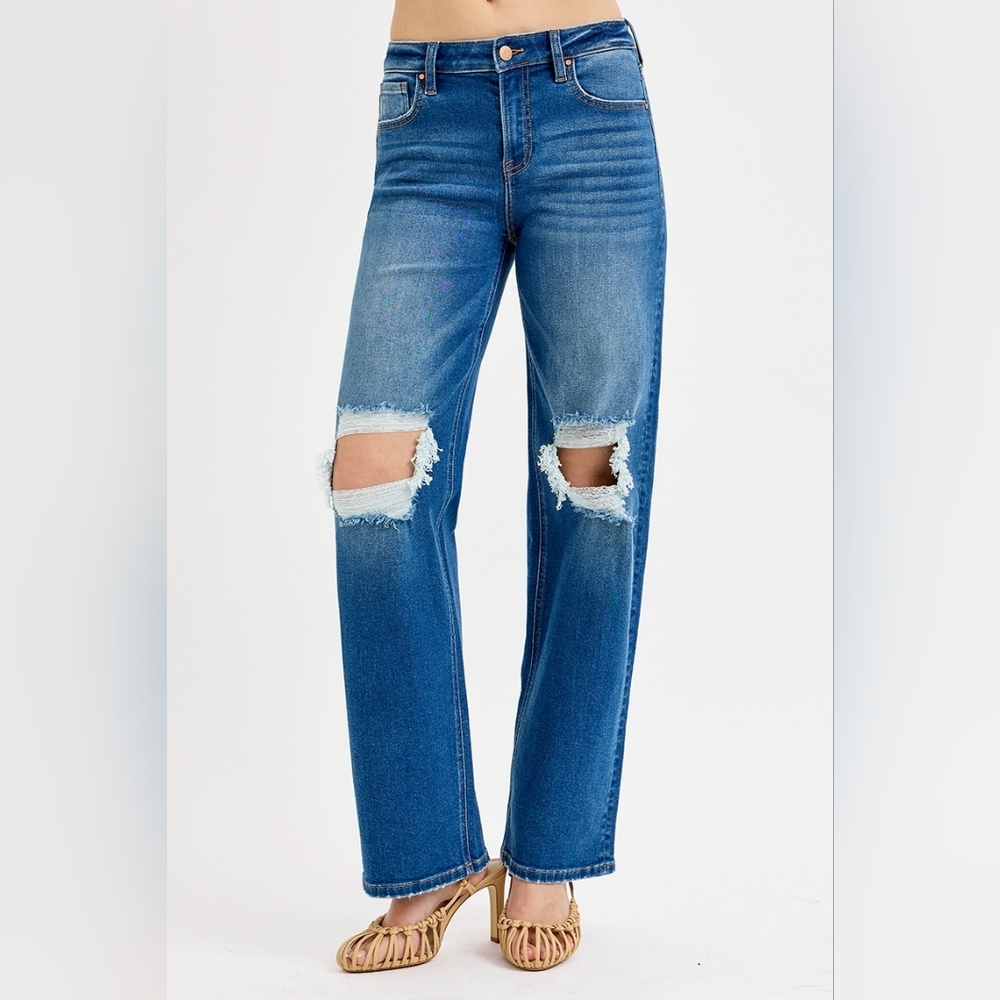 RISEN Mid-Rise Boyfriend Distressed Torn Knee Hole Jeans Straight Leg Denim Pant